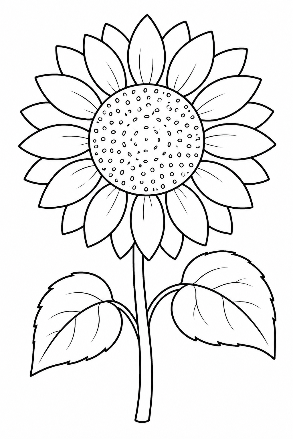 Kleurplaat van zonnebloem: Een grote zonnebloem met een gedetailleerd, ronde bloemhart vol kleine zaadjes en brede…