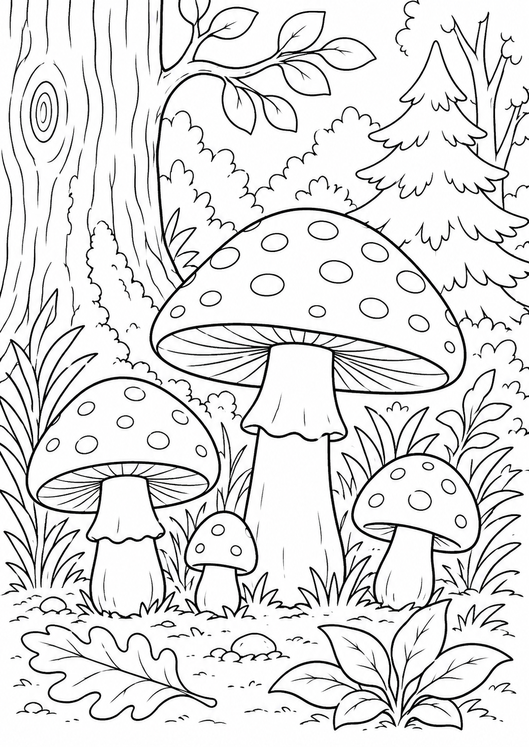 Gratis kleurplaat paddenstoelen: Een verzameling gestippelde paddenstoelen in verschillende groottes groeit gezellig bij…