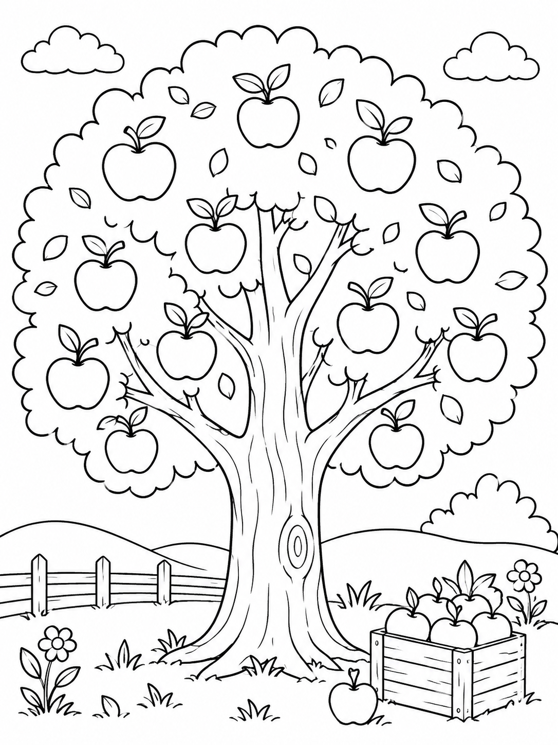 Kleurplaat van een appelboom met een kist appels