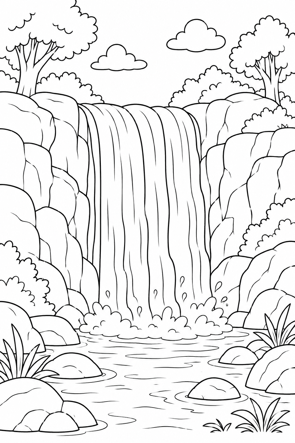 Kleurplaat van een waterval in de natuur