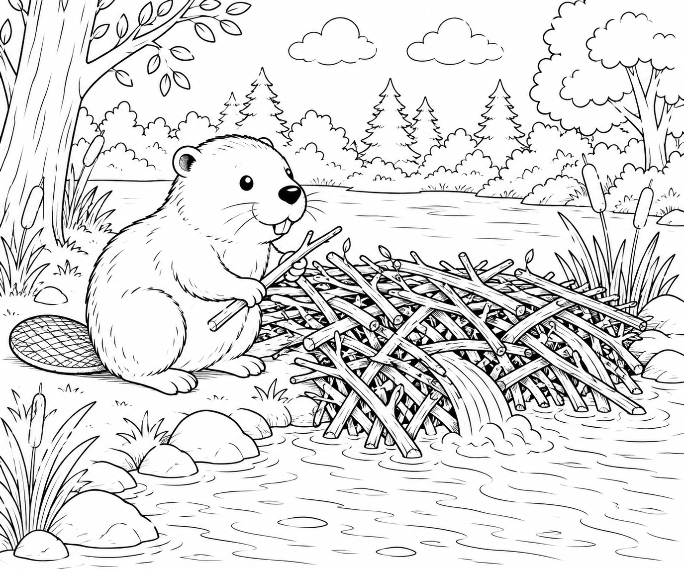 Kleurplaat van een bever die een dam bouwt