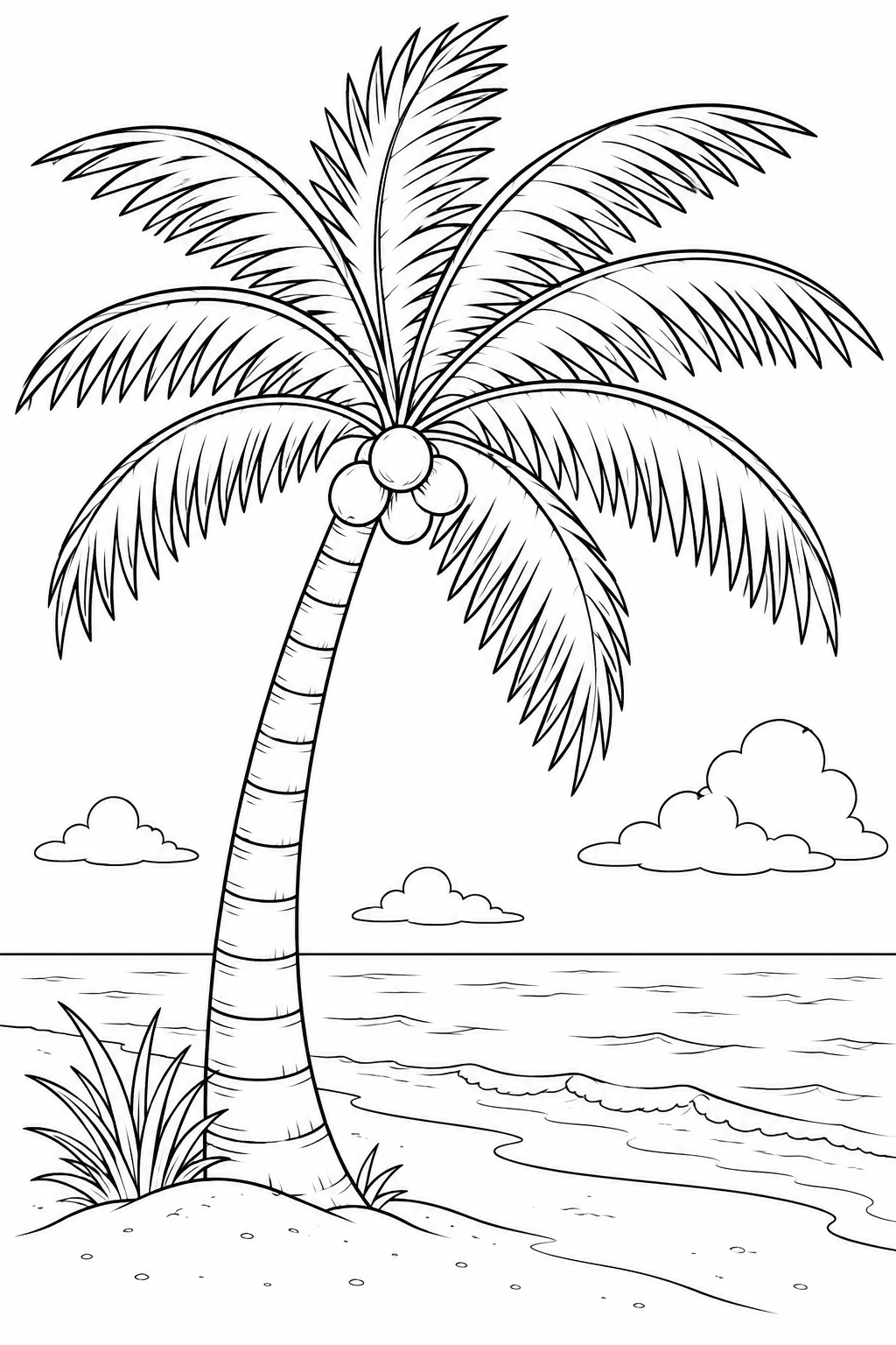 Kleurplaat Palmboom: Een rustige kleurplaat van een grote palmboom die over het strand buigt, met bosjes kokosnoten tussen…