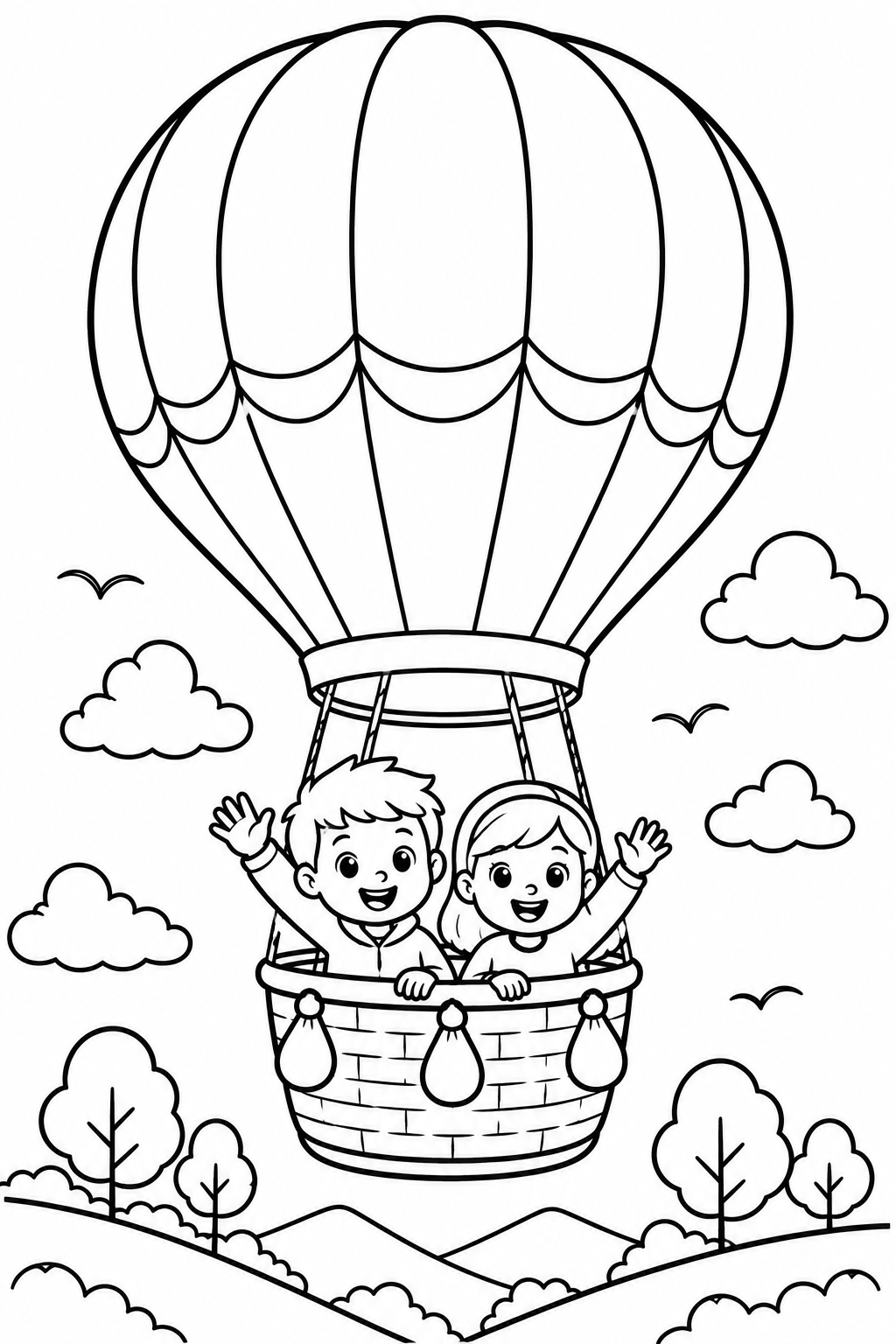 Kleurplaat van kinderen in een luchtballon boven de wolken