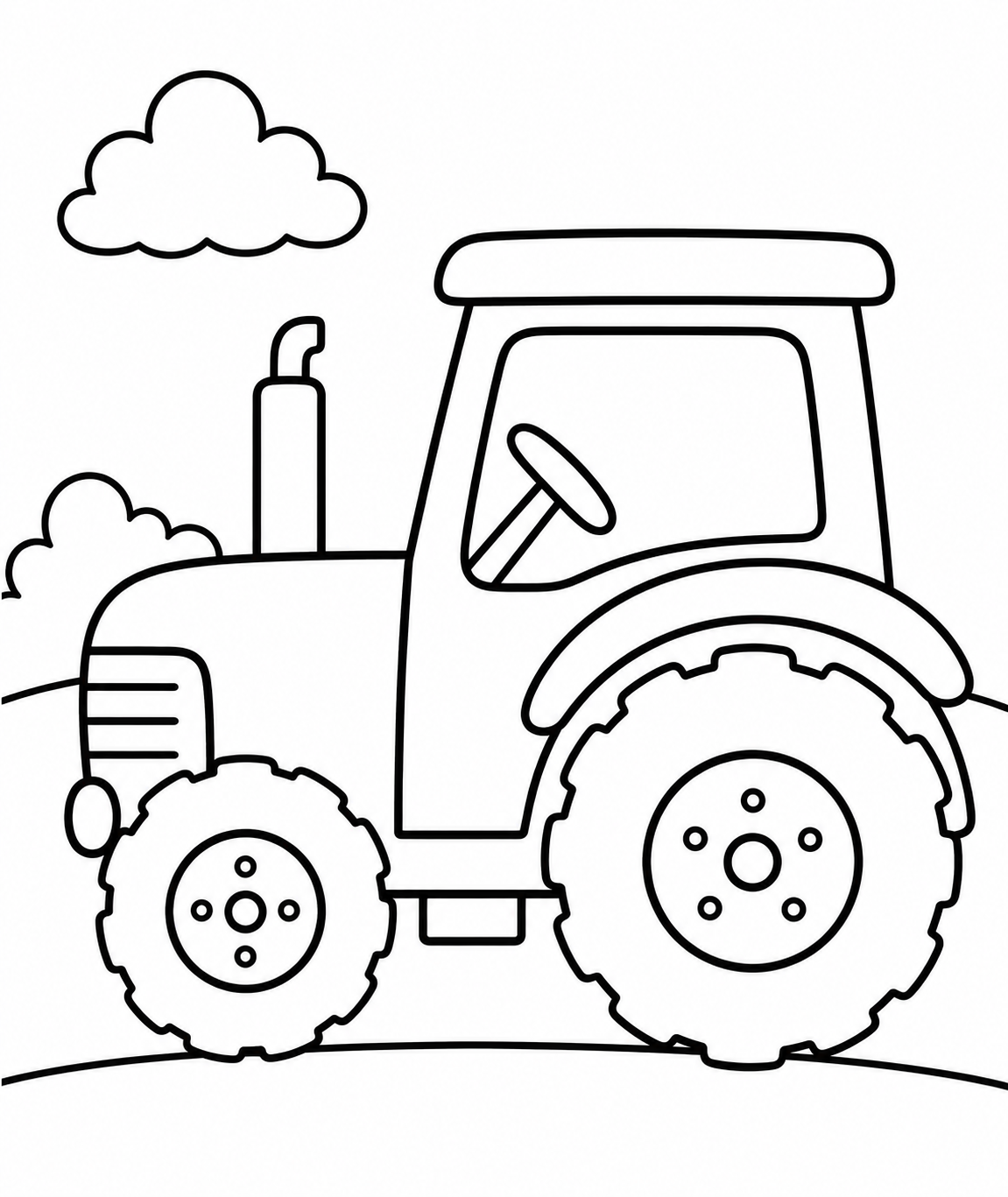 Kleurplaat van tractor simpel: Een stevige tractor met een groot stuur achter de ramen en een uitlaatpijp bovenop de…