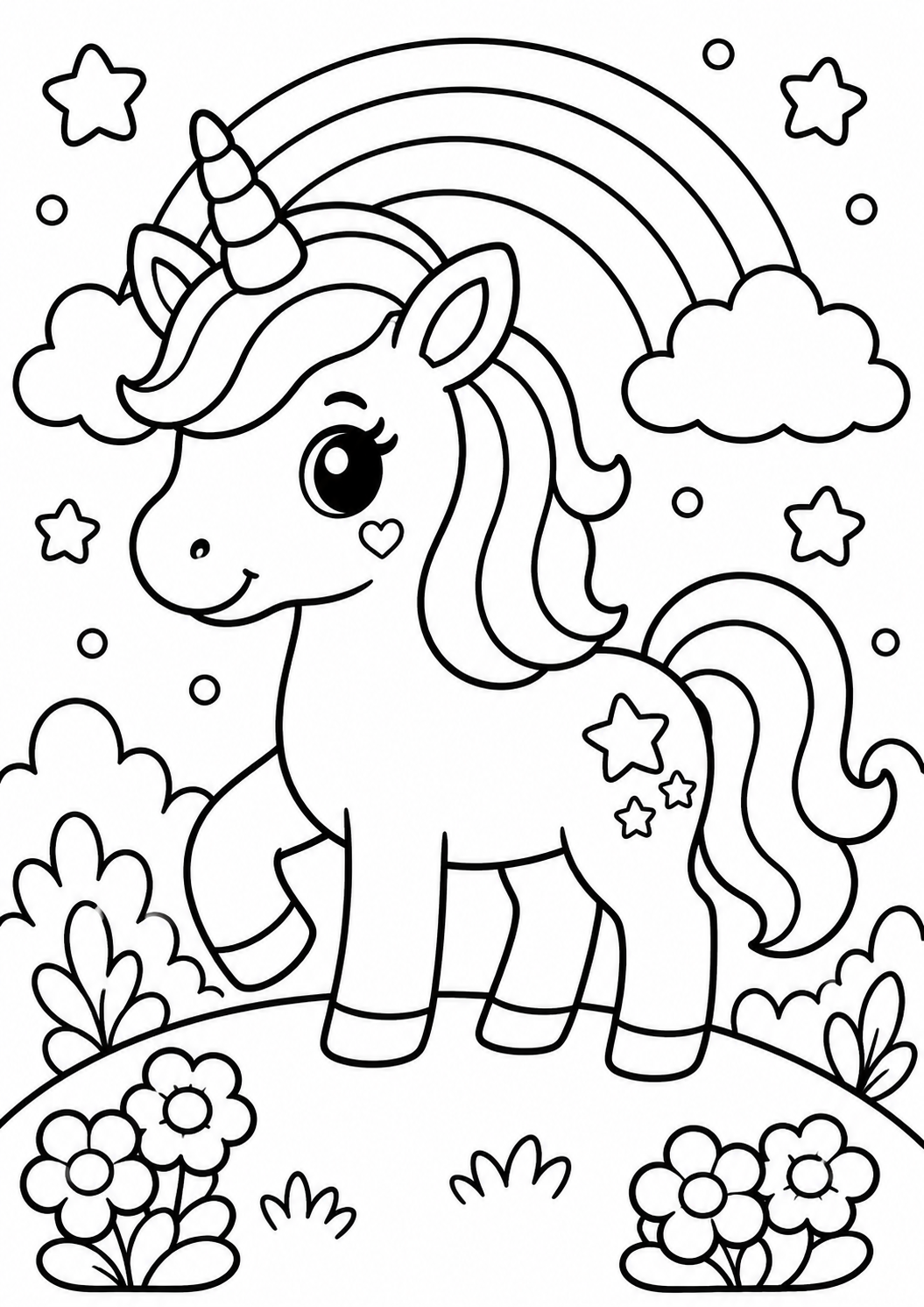 Kleurplaat Unicorn regenboog: Een schattige eenhoorn met een gedraaide hoorn en een golvende manen staat trots op een…