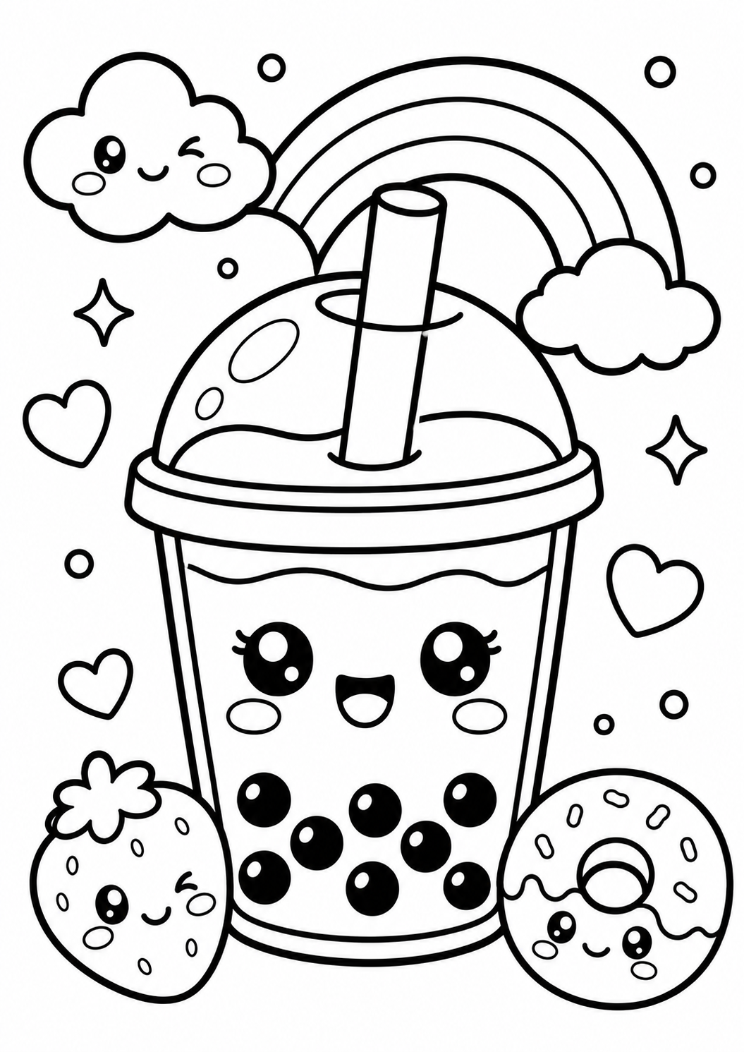 Kleurplaat Kawaii bubble tea: Een schattige kawaii bubble tea met een vrolijk gezichtje, dikke tapiocaparels onderin en een…