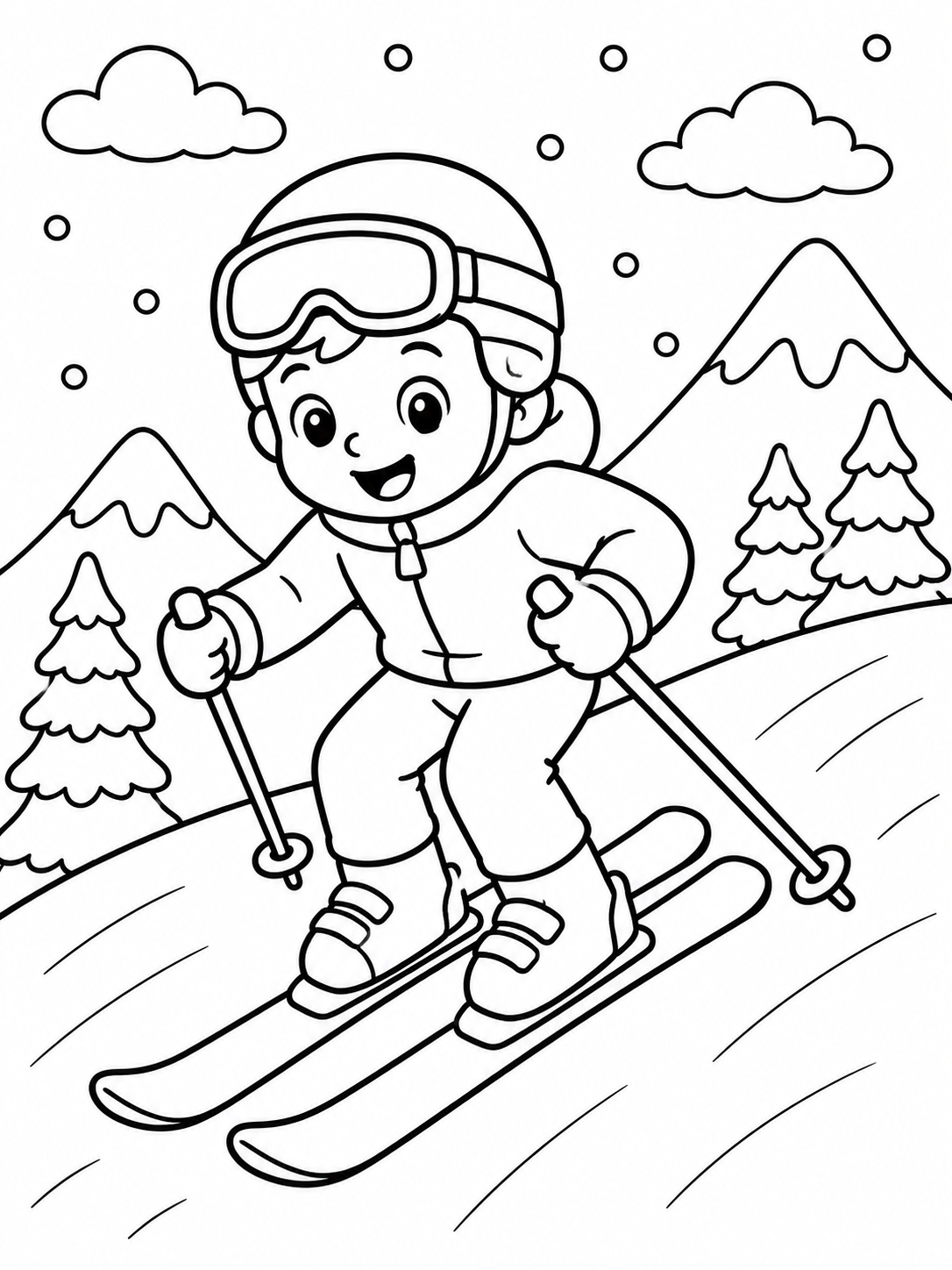 Gratis kleurplaat skiën: Een vrolijke skiër met helm, skibril en dikke want jes zoeft lachend een besneeuwde berghelling af…