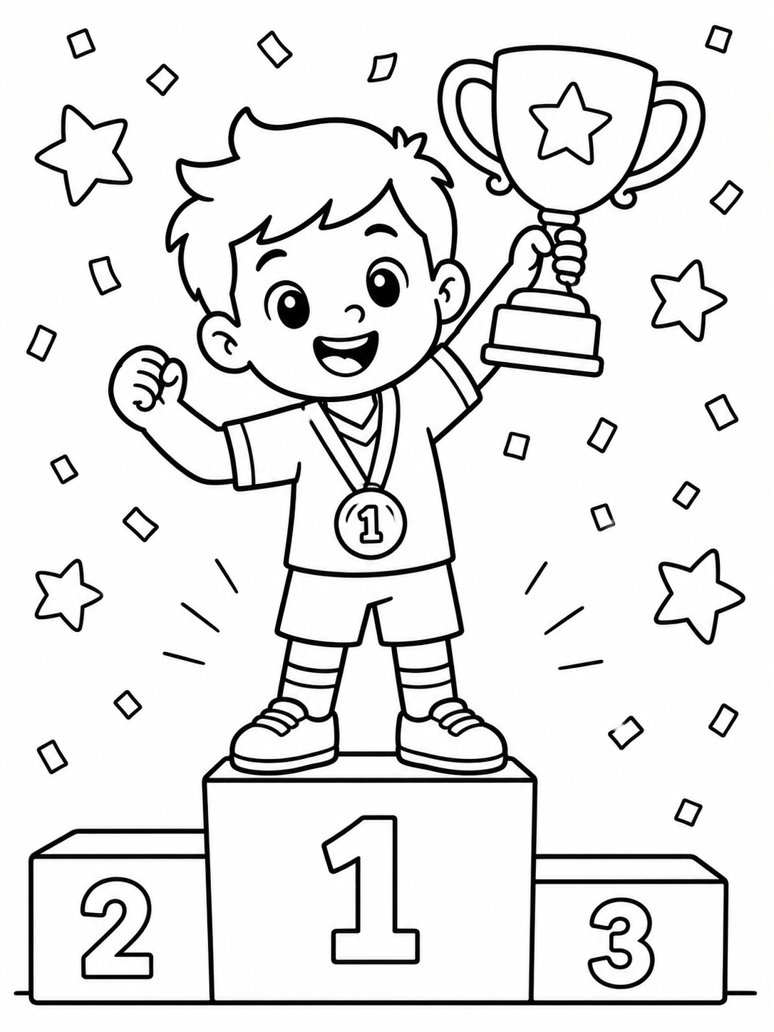 Kleurplaat Winnaar — Een trotse sporter staat boven op het hoogste podium met een grote gouden beker in zijn handen en een…