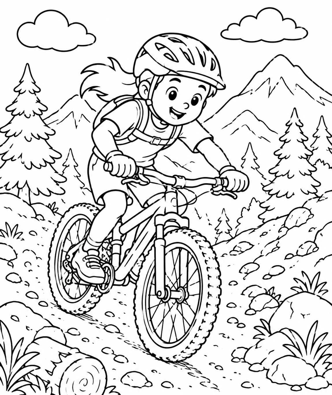 Kleurplaat van een meisje op een mountainbike