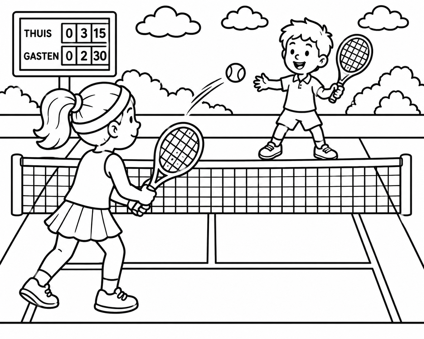 Kleurplaat van twee kinderen die tennissen