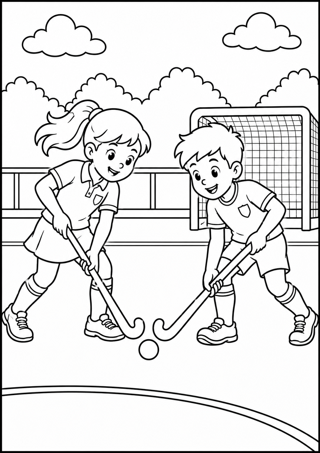 Kleurplaat van twee kinderen die hockeyen