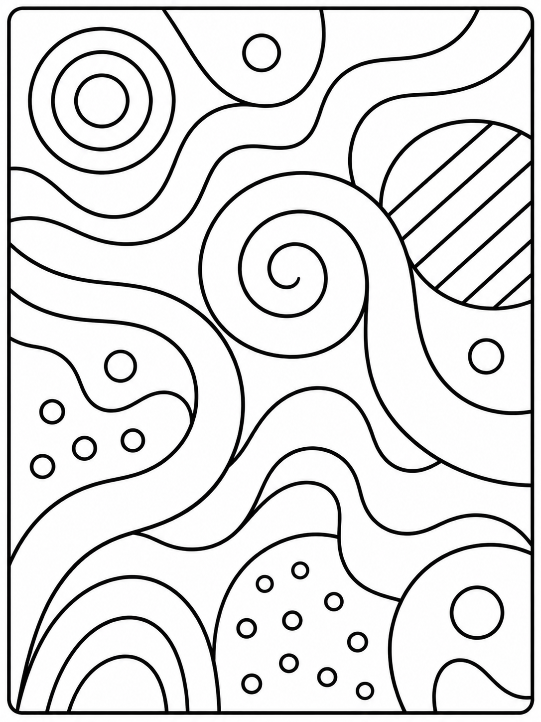 Kleurplaat Abstract makkelijk. Een speelse compositie van golvende lijnen, een grote spiraal, gestreepte vlakken en cirkels…
