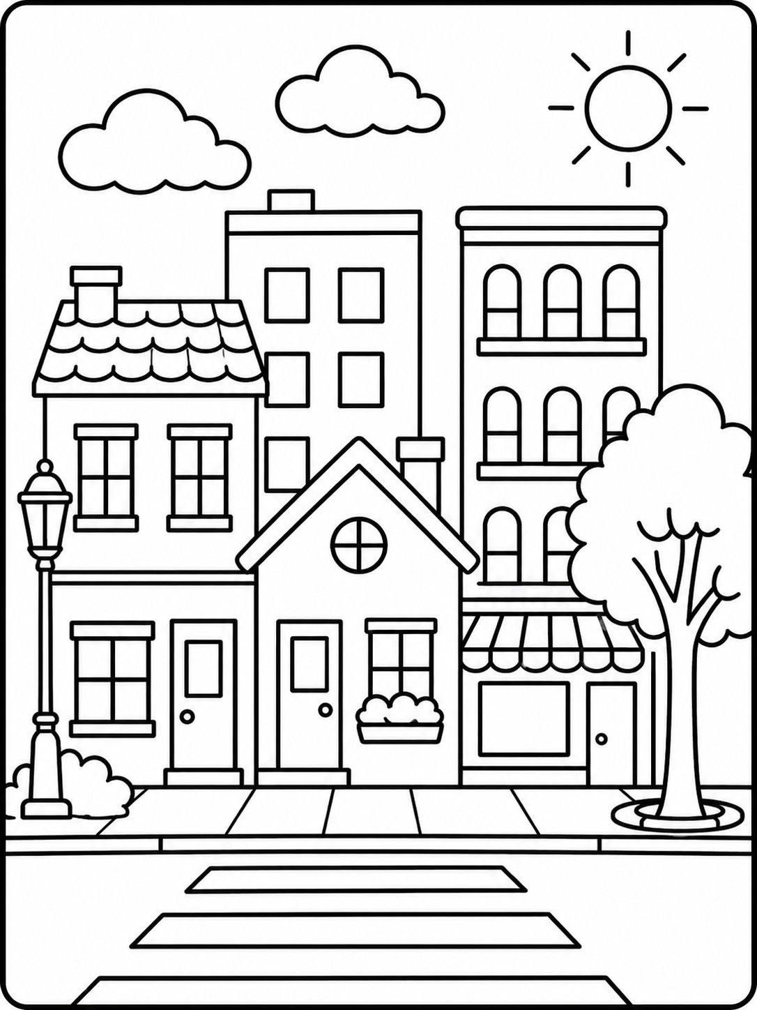 Kleurplaat van een straat met huizen, een winkel en een lantaarnpaal