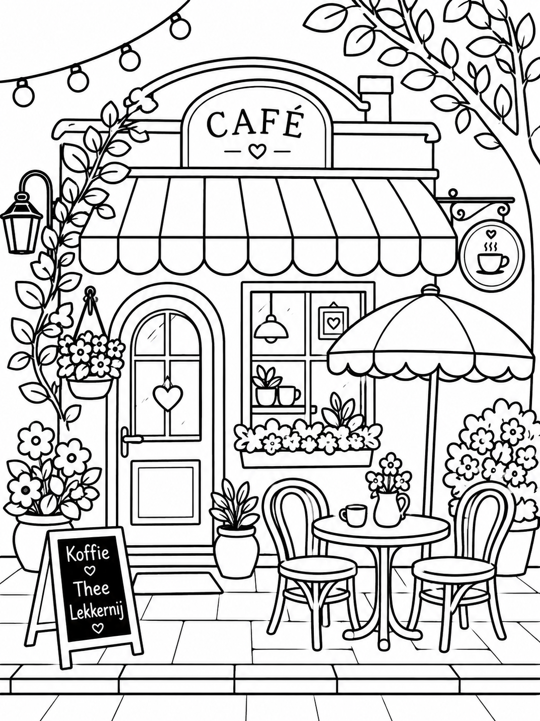 Kleurplaat van een café met een terras