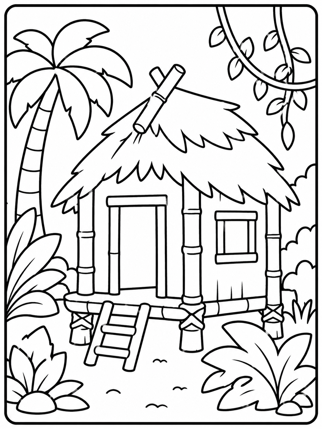 Kleurplaat van een junglehutje op palen