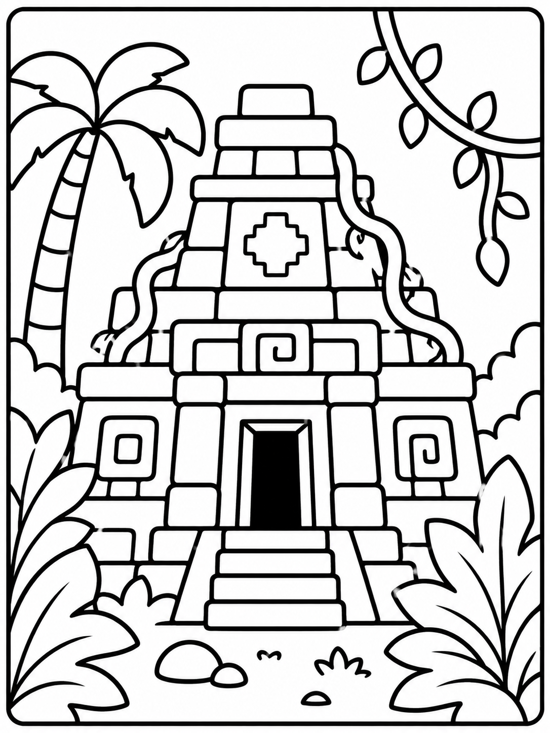 Kleurplaat van een jungle-tempel met lianen