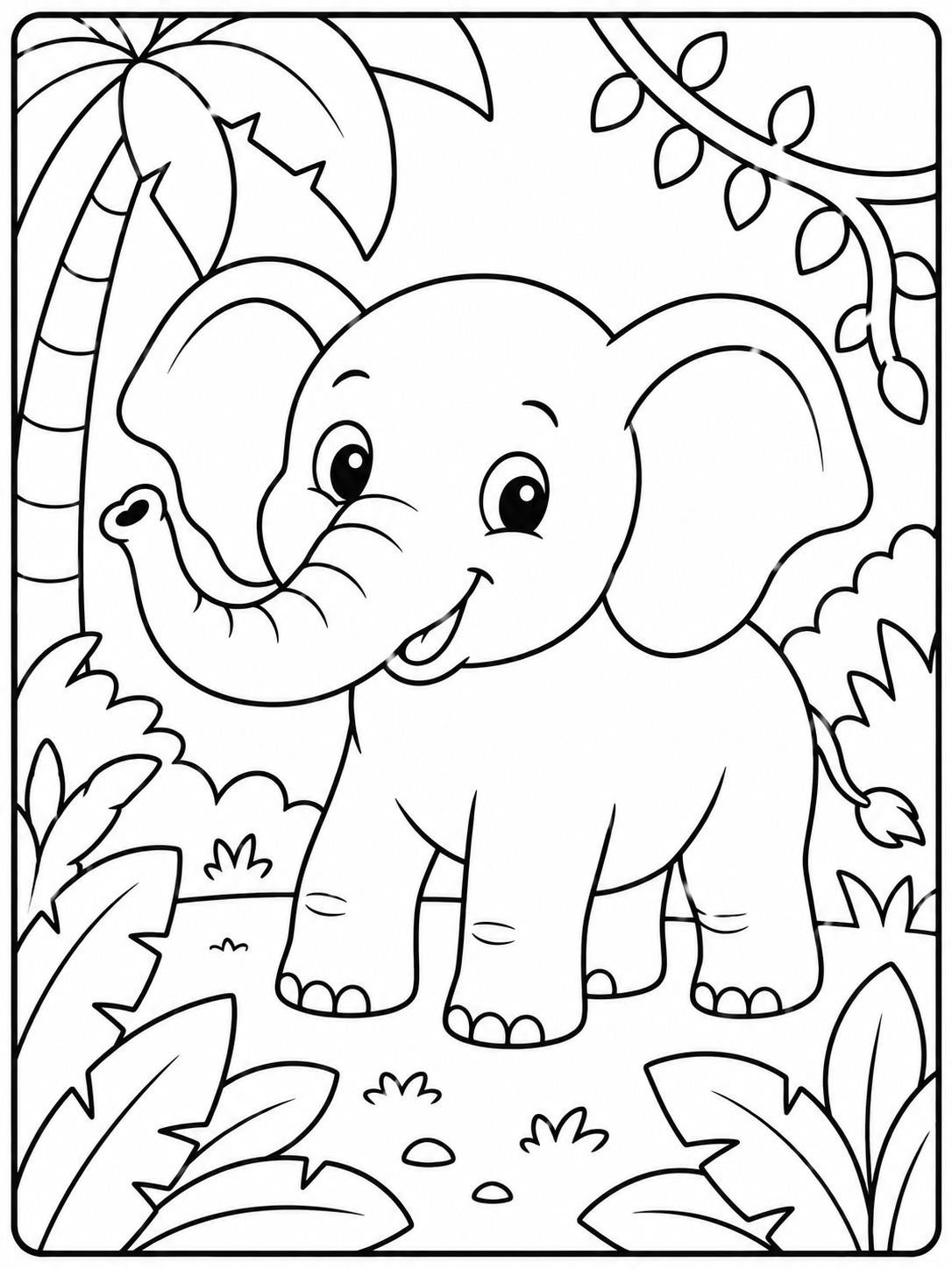 Kleurplaat van een baby-olifant in de jungle