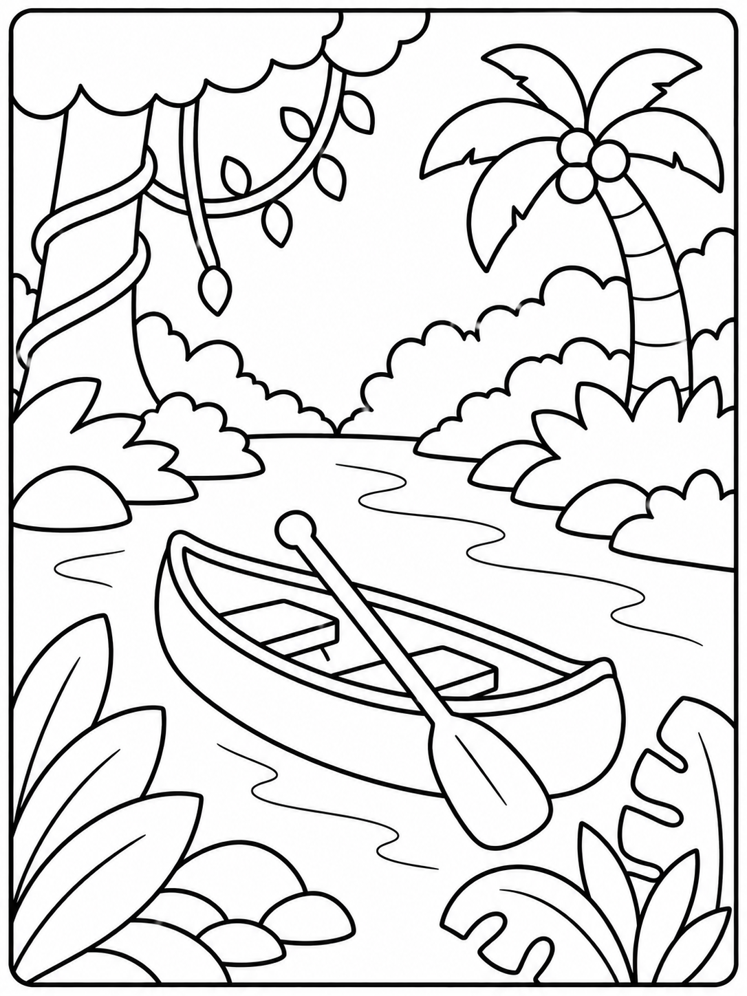 Kleurplaat van een kano in de jungle bij een palmboom