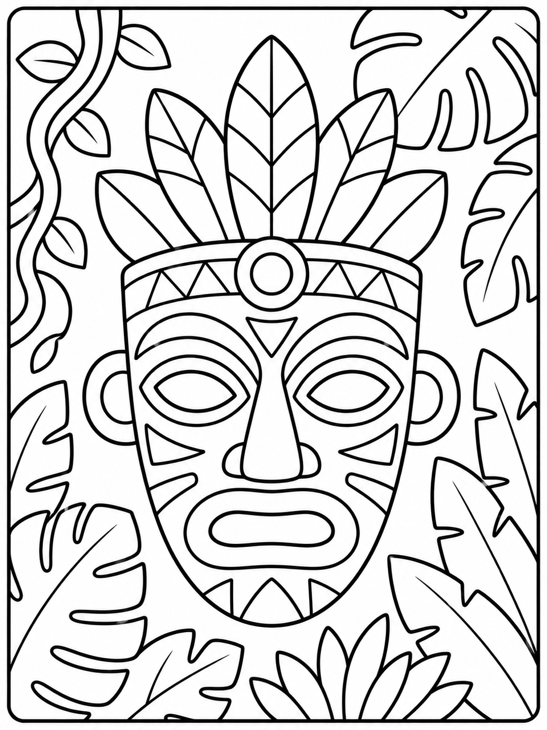 Kleurplaat van een junglemasker met veren