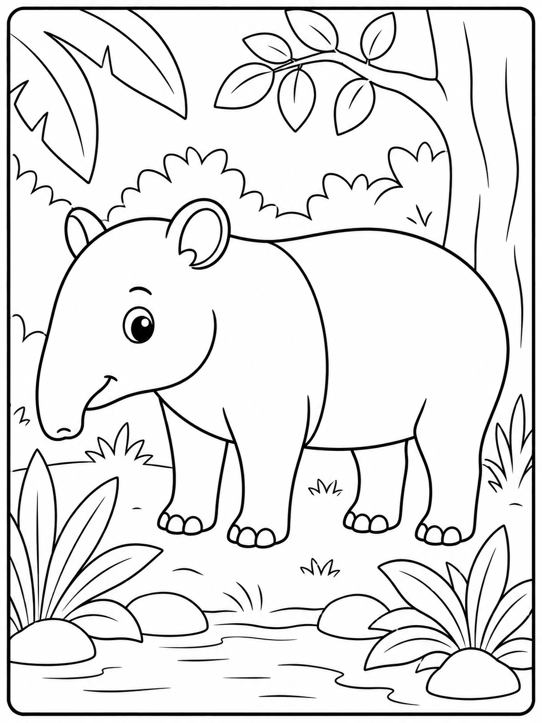 Kleurplaat Tapir. Een tapir met zijn kenmerkende korte snuit staat rustig tussen de bladeren en struiken van de jungle, met…