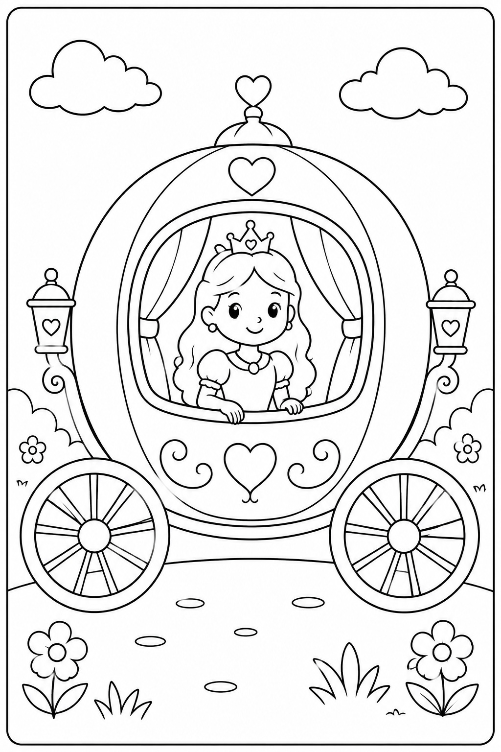 Kleurplaat Prinses in koets — Een sierlijke prinses met lang golvend haar en een fonkelend kroontje kijkt vrolijk uit het…