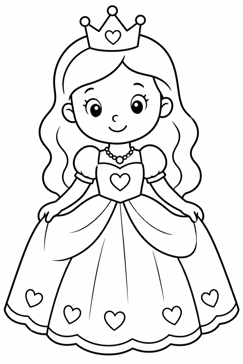 Kleurplaat Prinses eenvoudig — Een lieve prinses met lang golvend haar, een kroontje met een hartje erin en een jurk vol…