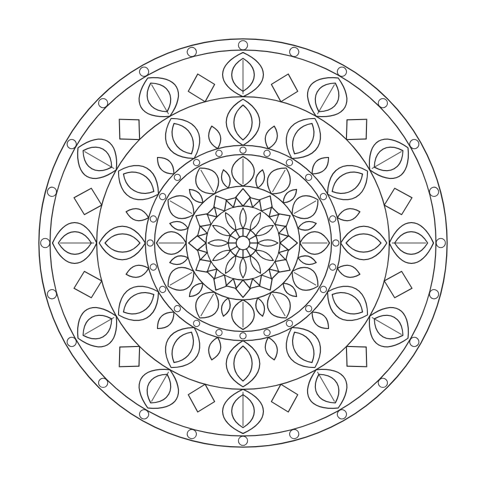 Kleurplaat Mandala. Een overzichtelijke mandala bouwt zich op uit een ring van bladvormen, ruitjes en cirkeltjes rond een…