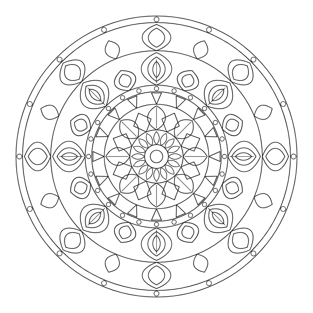 Kleurplaat Mandala — Een overzichtelijke mandala bouwt zich op uit grote, open ringen, ruitvormen en bladpatronen rond een…