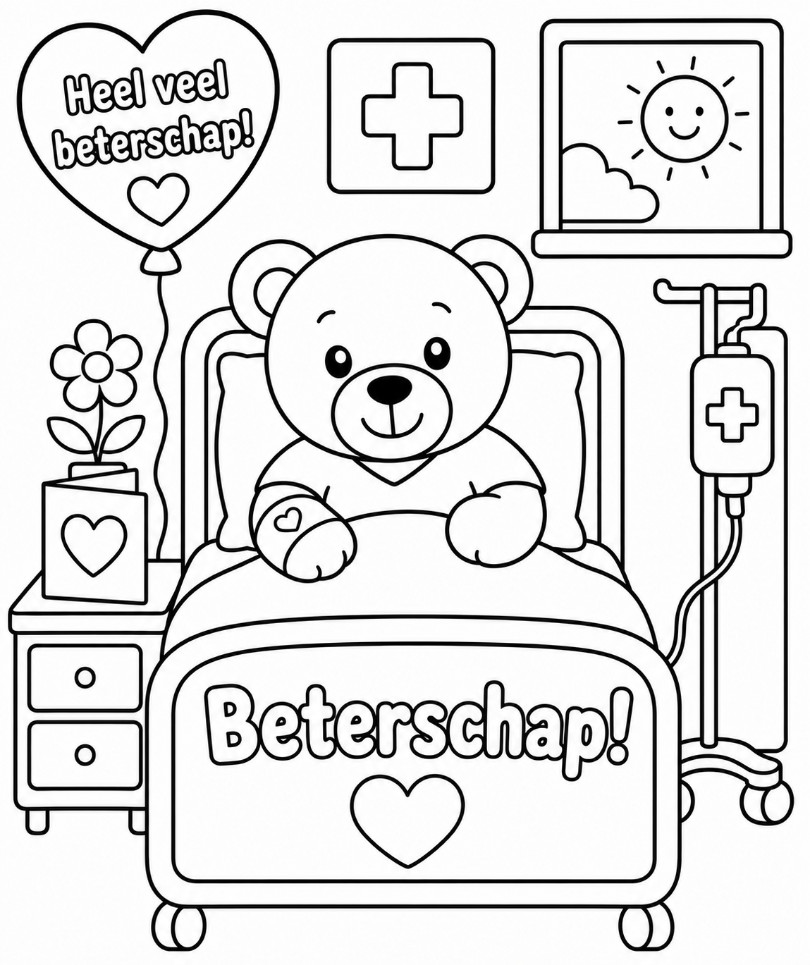 Kleurplaat Beterschap ziekenhuis — Een lief teerbeertje ligt met een verbonden armpje in het ziekenhuisbed, met een infuus…