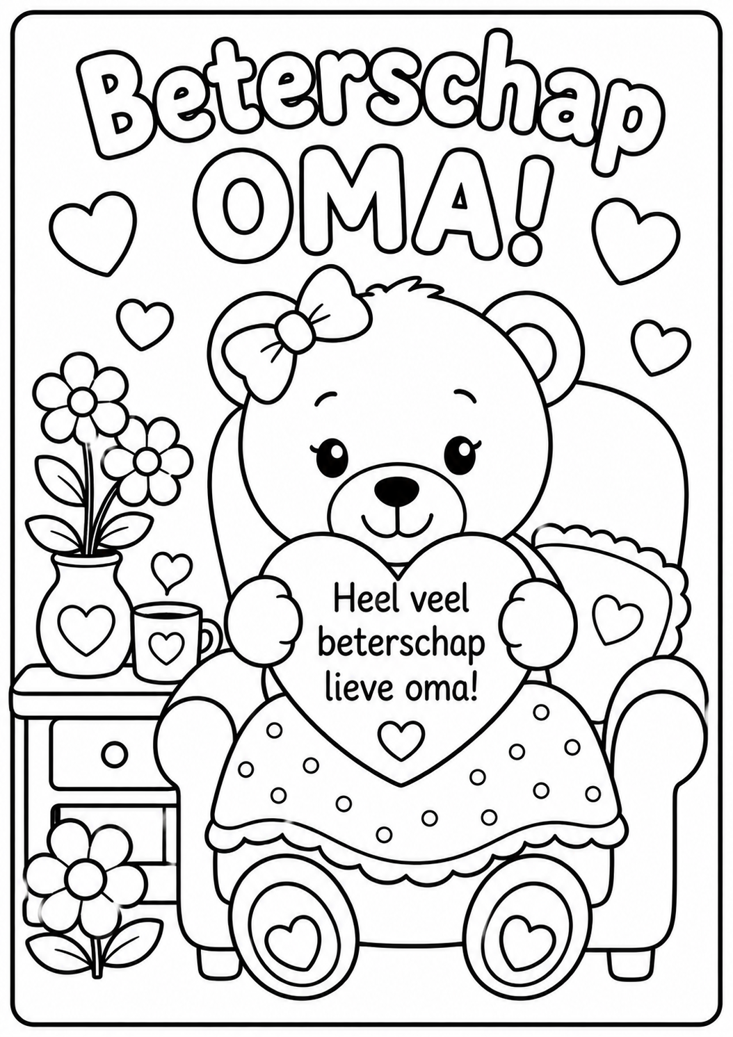 Kleurplaat beterschap voor oma met een teddybeer