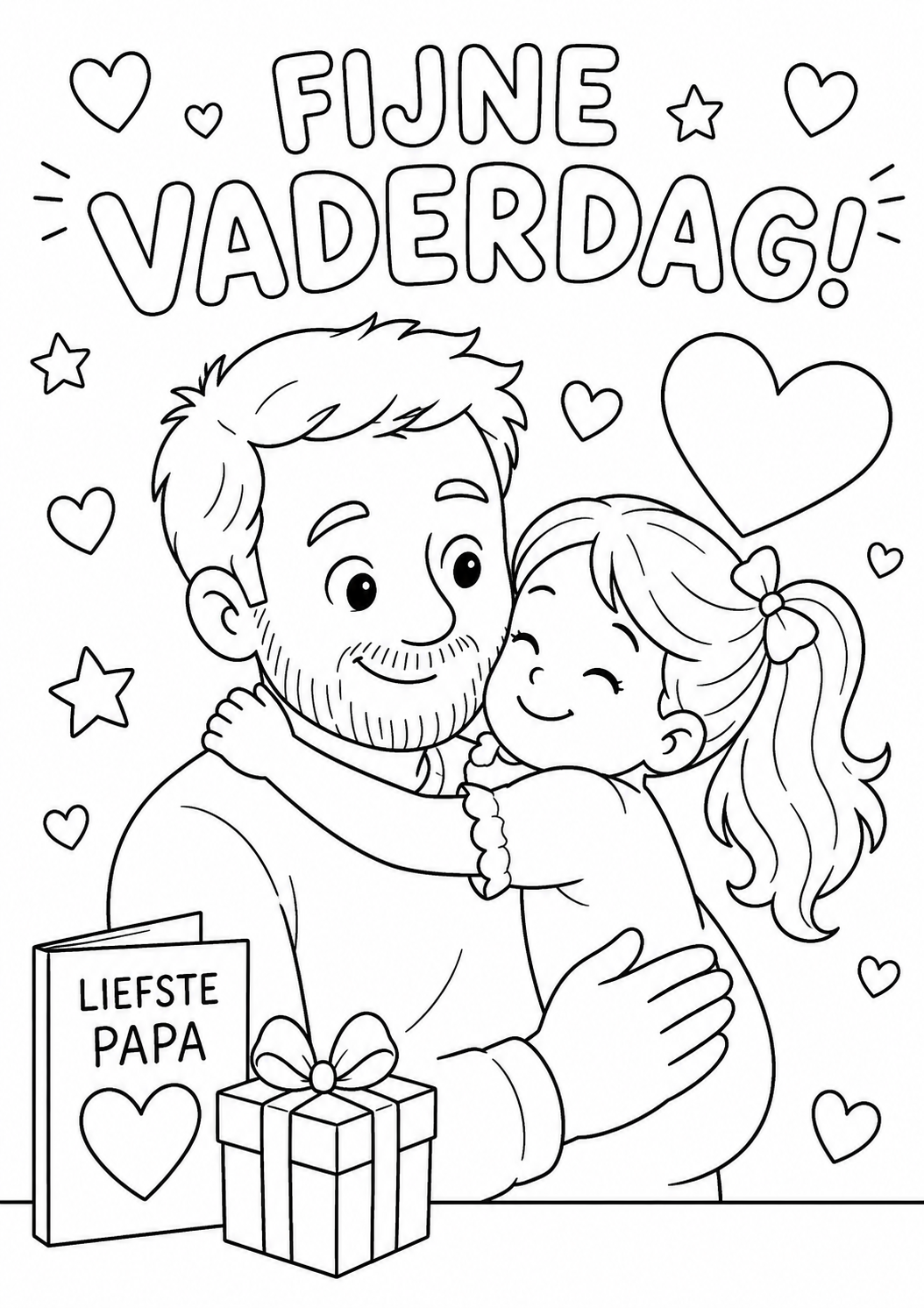 Kleurplaat Vaderdag, vader en dochter — Boven de tekst 'Fijne Vaderdag!' omhelst een vader met een volle baard zijn…
