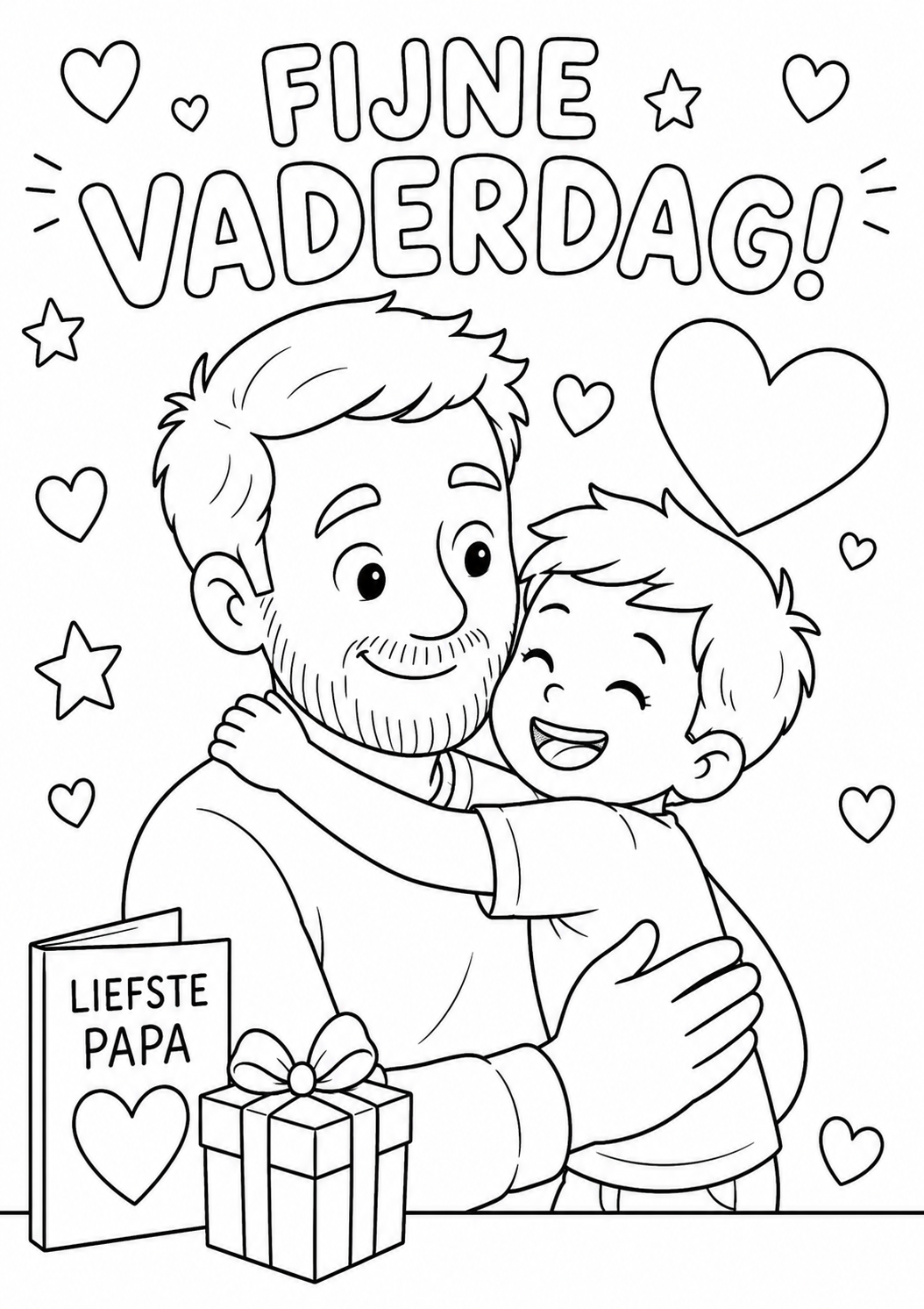 Kleurplaat Vaderdag, vader en zoon. Boven de tekst 'Fijne Vaderdag!' omhelst een vader met een volle baard zijn lachende…