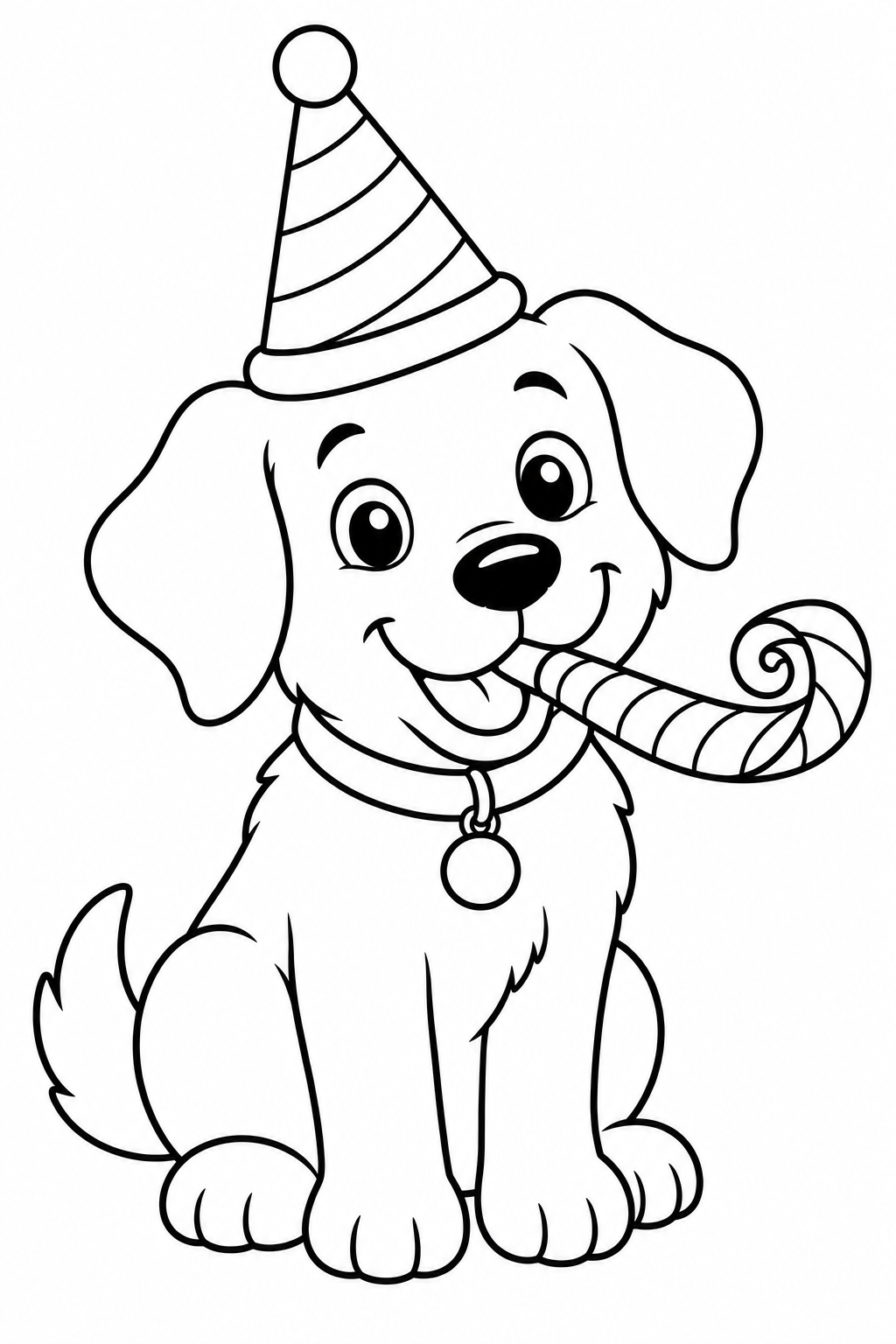 Kleurplaat Hond met feesthoedje: Deze vrolijke kleurplaat van een hond met een feestmuts en een toeter is perfect voor een…