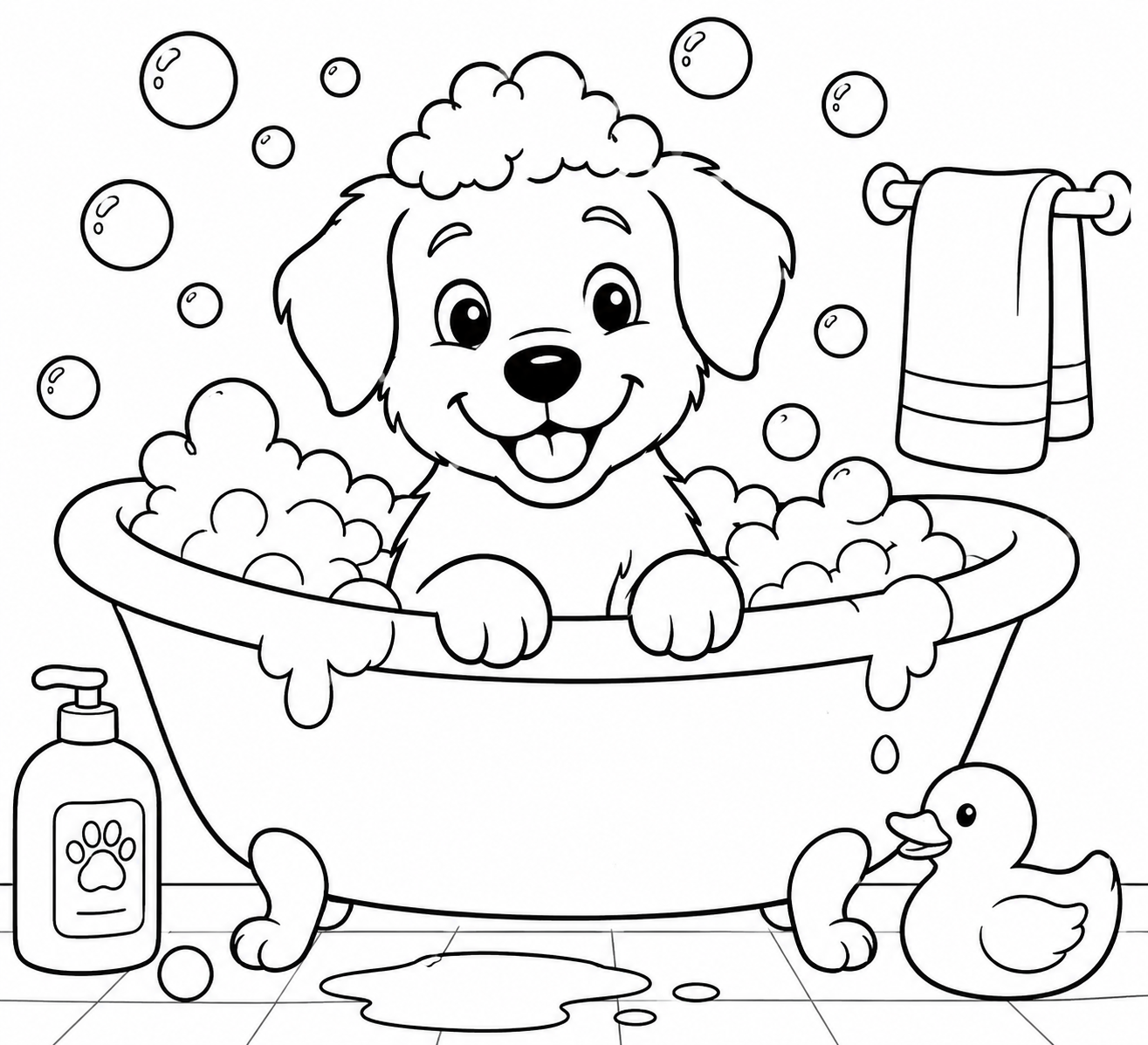 Gratis kleurplaat hond in bad: Deze grappige kleurplaat van een hond in bad is perfect voor kinderen die van dieren houden