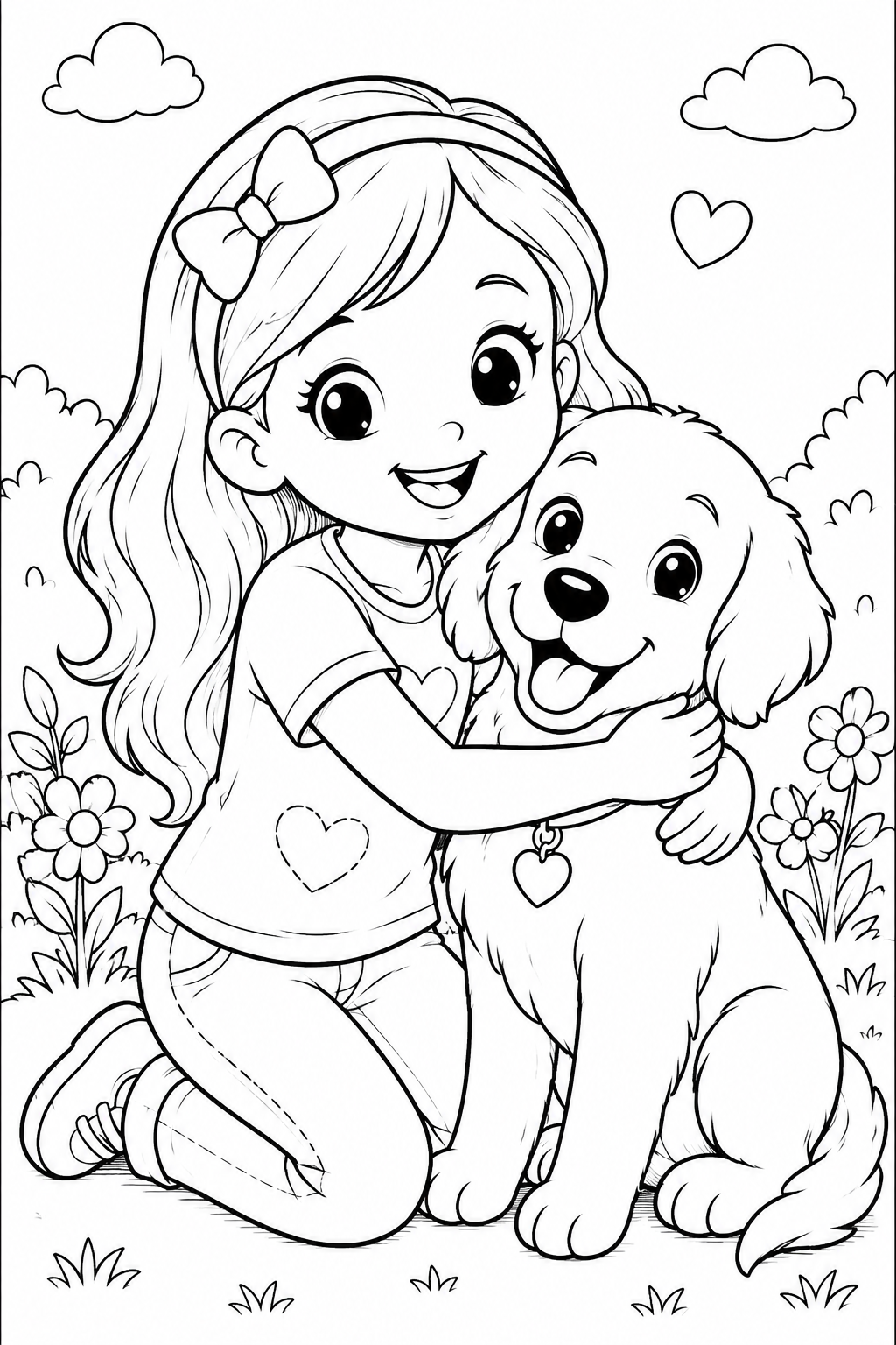 Kleurplaat van een meisje dat haar hond knuffelt