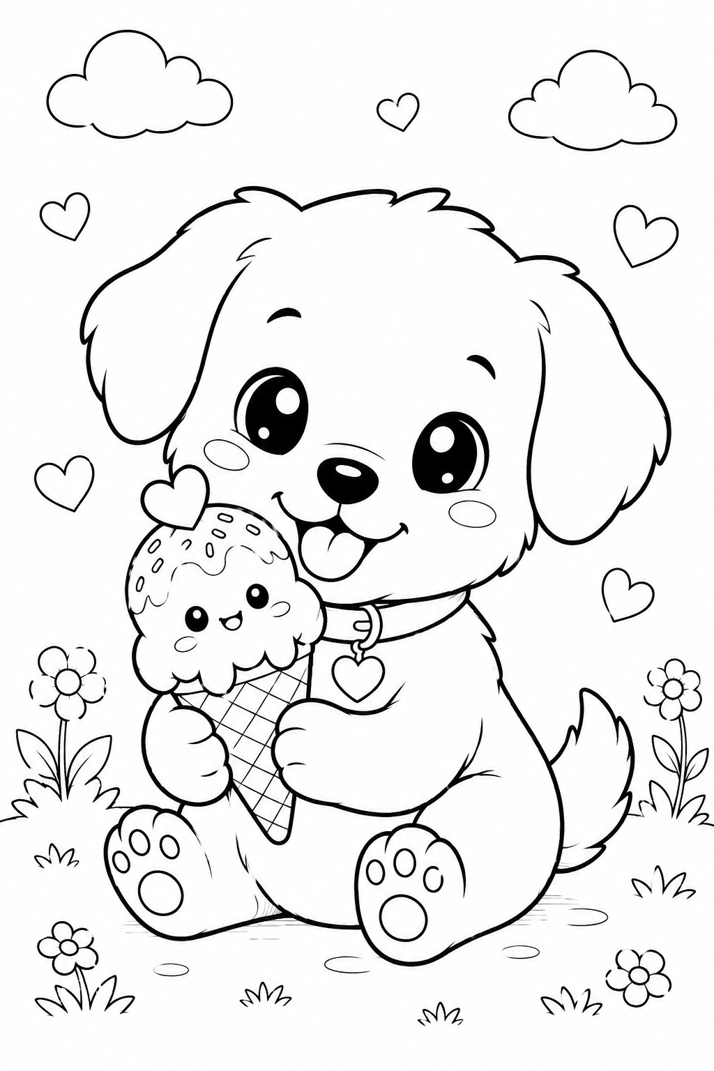 Kleurplaat van een puppy met een ijsje