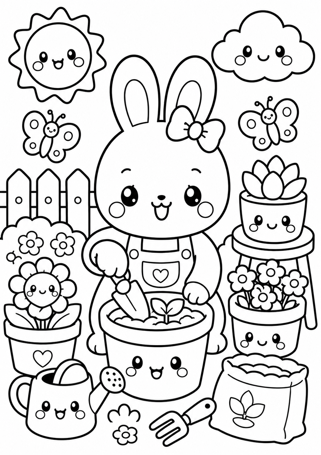 Kleurplaat van kawaii tuinieren: Hou jij van tuinieren én schattige tekeningen