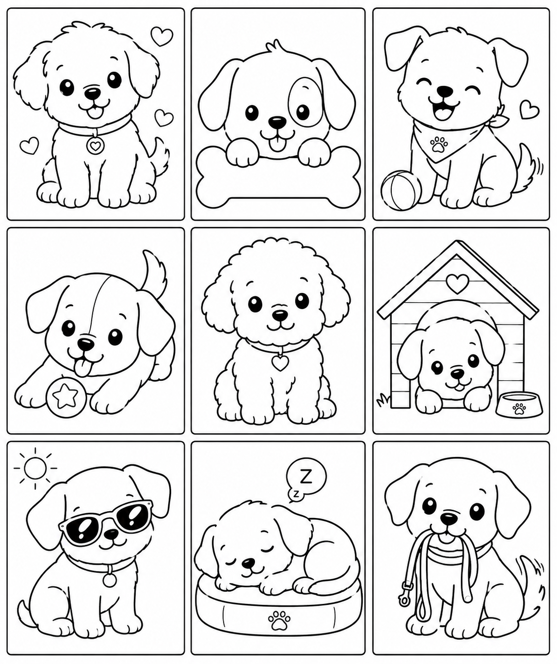 Kleurplaat Hond: Negen mini-kleurplaatjes met schattige puppy's op één pagina: een hondje met hartjeshalsband, eentje met…