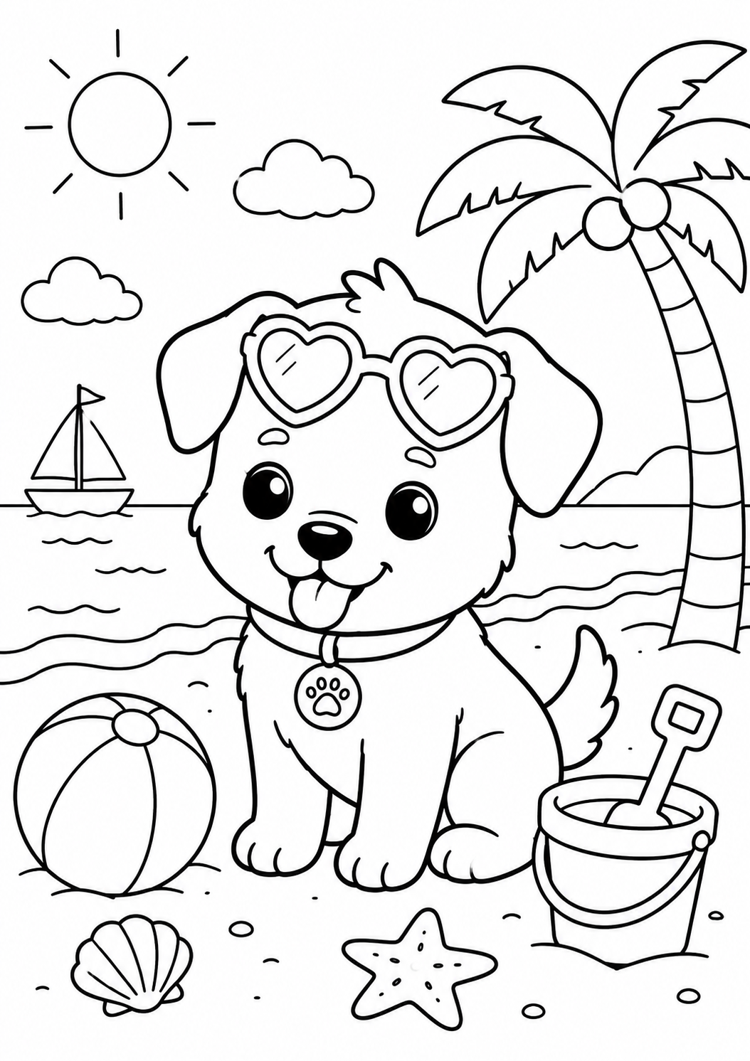 Kleurplaat van een hond op het strand
