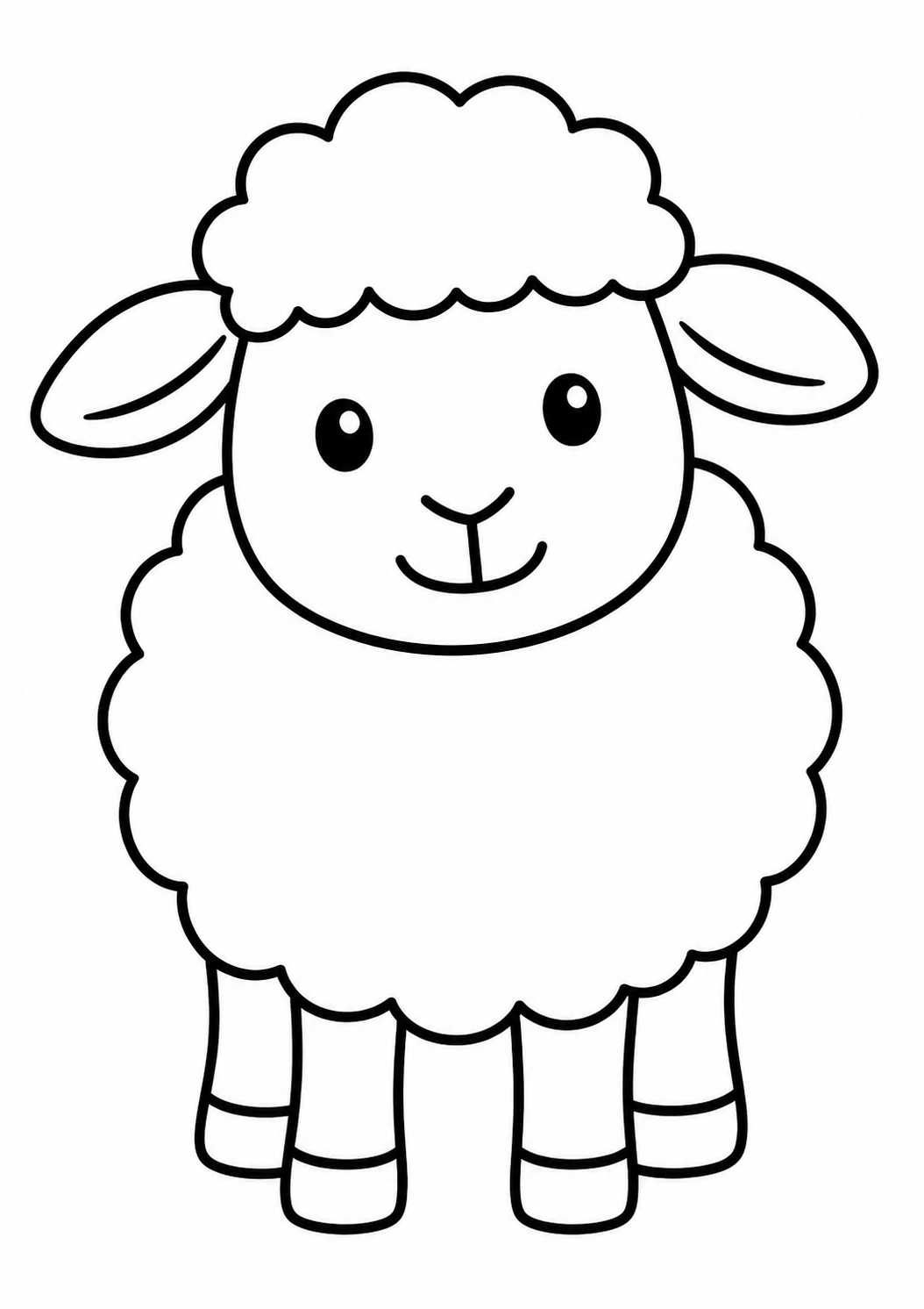Kleurplaat Schaap — Een schattig schaap met een dikke krullenbol en twee grote oren kijkt je vrolijk glimlachend aan