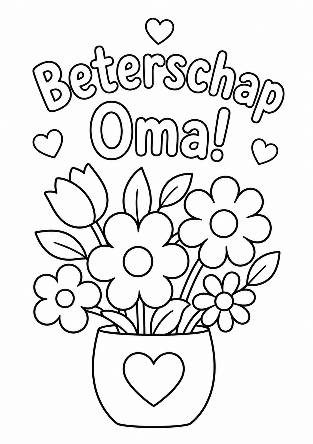 Kleurplaat van beterschap oma: Een vrolijke tekst 'Beterschap Oma!' staat boven een vaas vol verschillende bloemen, met een…