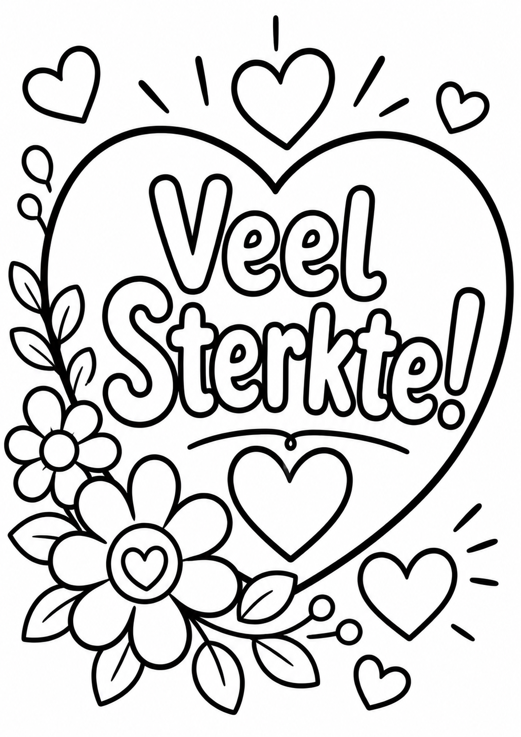 Kleurplaat sterkte met een hart en bloemen