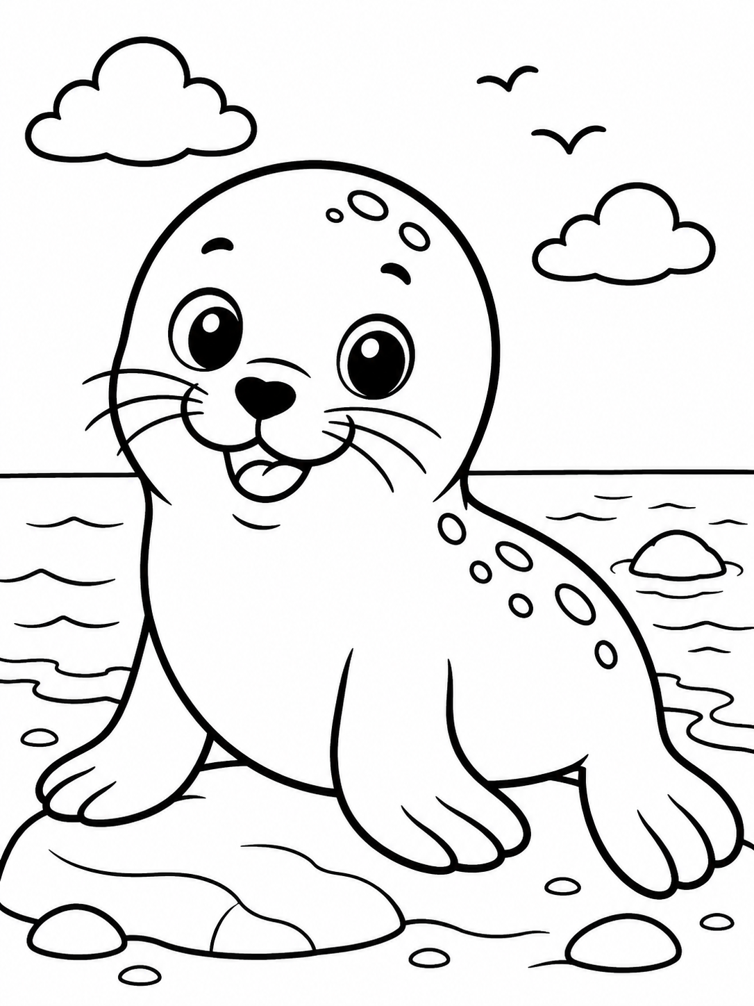 Kleurplaat van een zeehond bij de zee