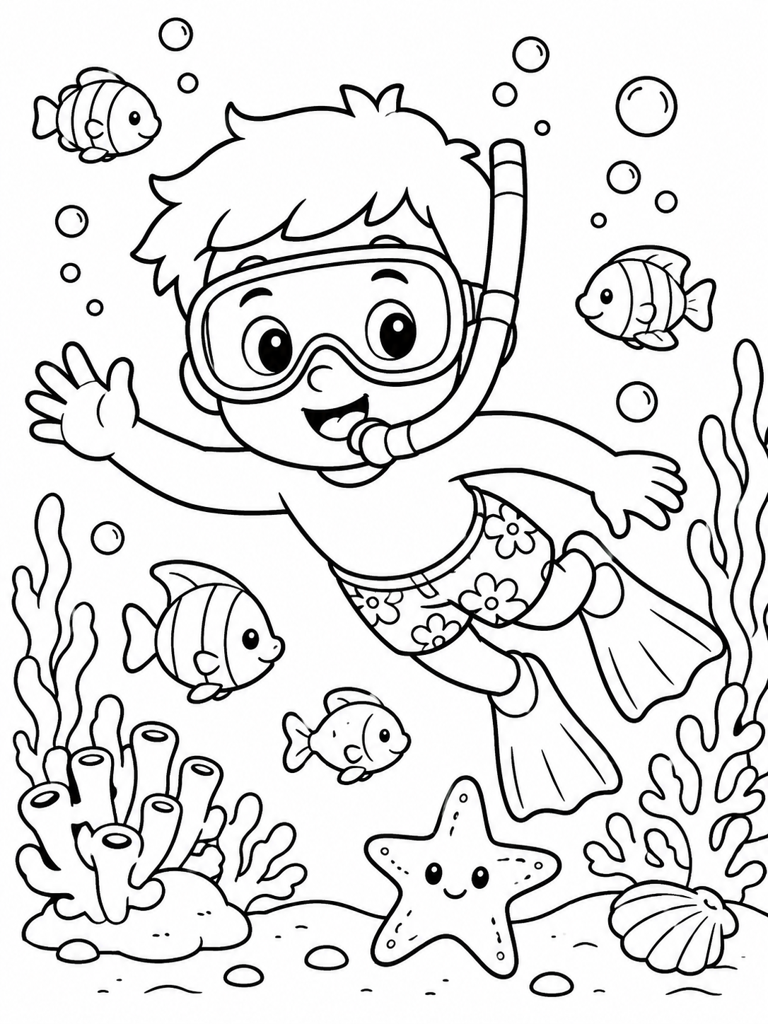 Gratis kleurplaat snorkelen: Een vrolijke jongen met duikbril en snorkel zwaait terwijl hij tussen kleurige visjes, koraal…