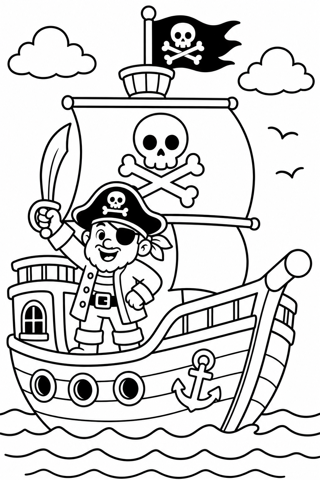 Kleurplaat van piratenschip: Een dappere kleine piraat met ooglapje en hoed zwaait met zijn zwaard vanaf het dek van zijn…