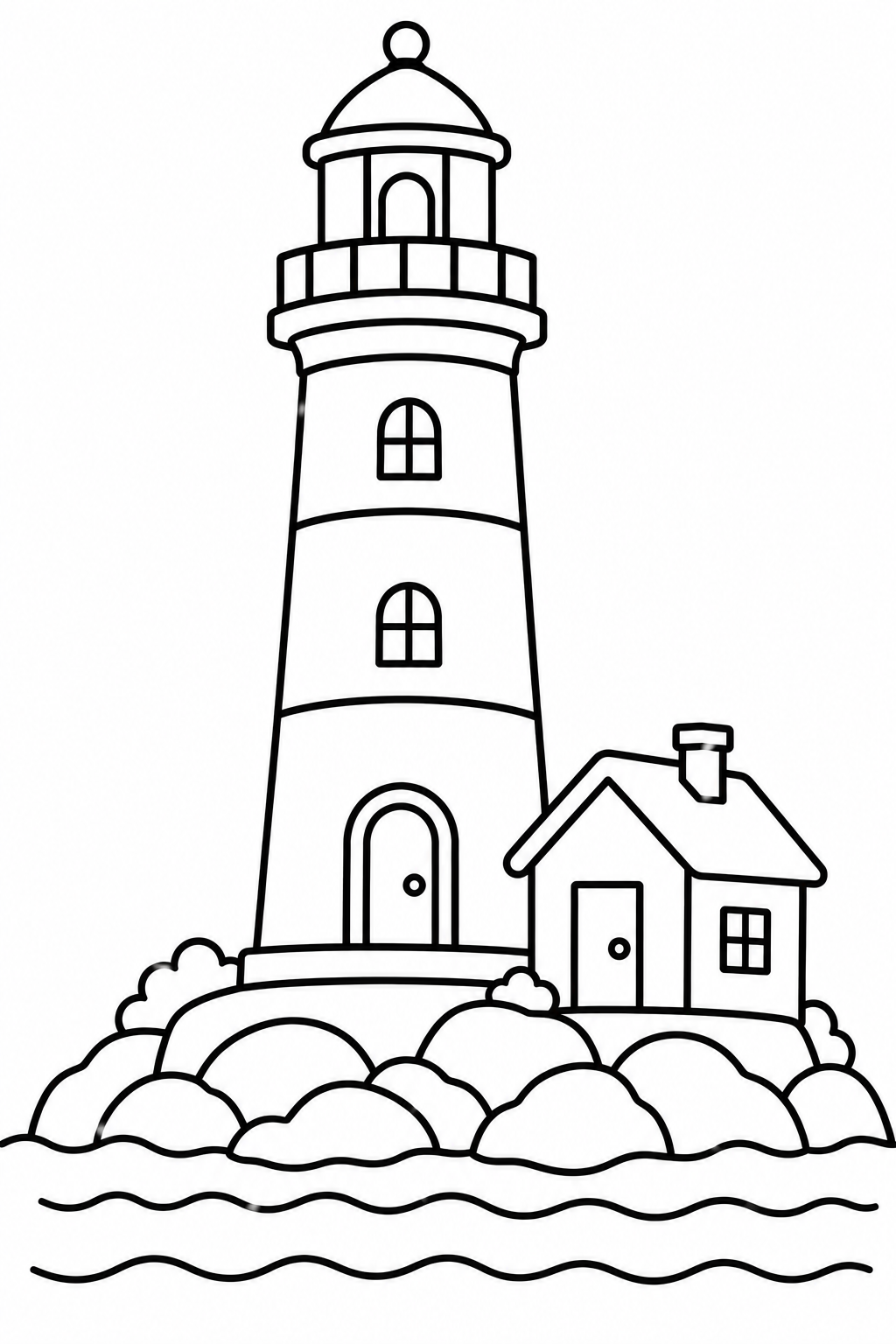 Kleurplaat Vuurtoren — Een hoge vuurtoren met ronde vensters en een klein huisje ernaast staat op een rotsachtig eilandje…