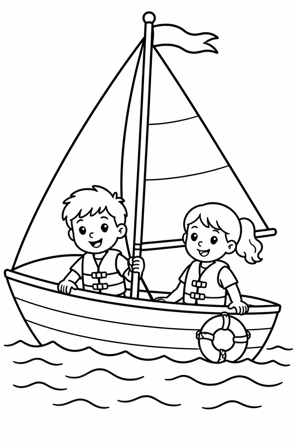 Kleurplaat Zeilboot: Twee kinderen in reddingsvest varen samen op een zeilboot, met de wind in het grote zeil en een…