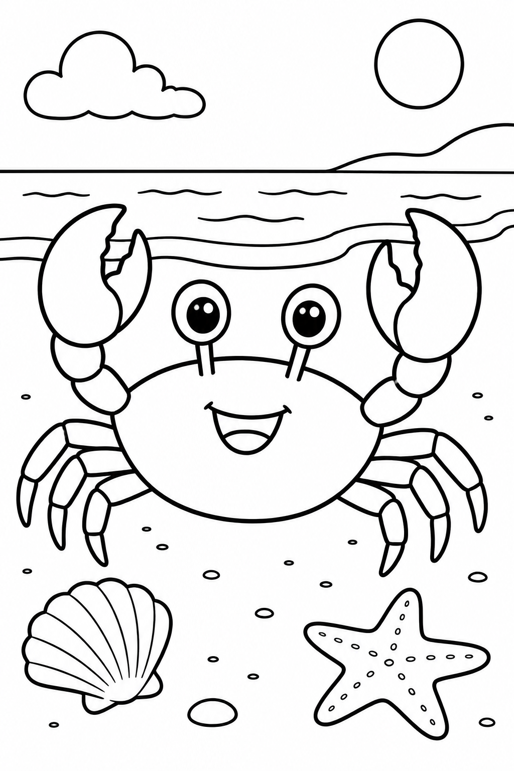Gratis kleurplaat krab op het strand: Een vrolijke krab met grote scharen steekt zijn kop net boven de waterlijn uit, met…
