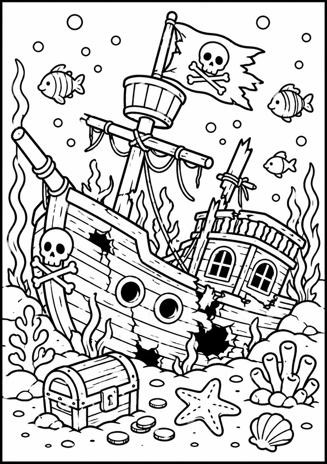 Kleurplaat Gezonken piratenschip. Duik diep de zee in met deze spannende kleurplaat van een gezonken piratenschip