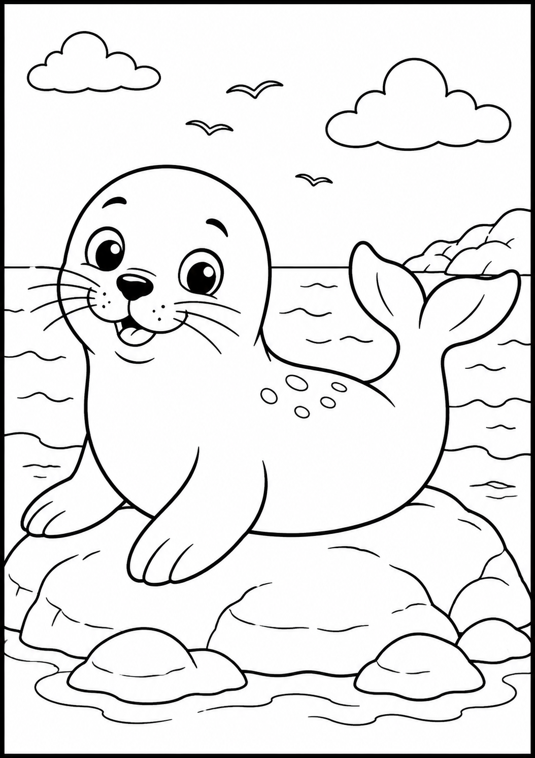 Kleurplaat Zeehond. Een schattige zeehond zit op een rots aan het water, met zijn kenmerkende grote ogen, snorharen en…
